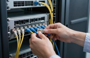 A technician's hands organizing neat ethernet cables in a professional server rack inside a modern data center.
