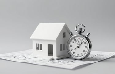 Minimalist representation of speed: a blueprint of a modern house next to a stopwatch, clean composition in shades of white and gray.