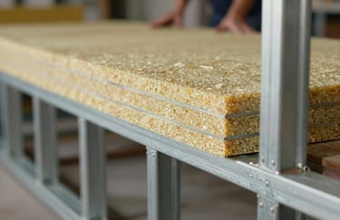 Detail shot of thermal insulation layers being placed inside a steel frame wall, illustrating energy efficiency and modern materials.