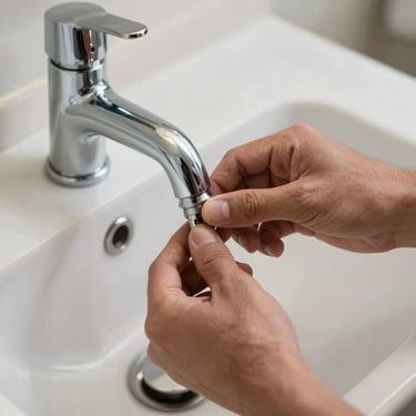 Close-up of a plumber's hands precisely installing a chrome faucet on a marble sink, clean and professional environment, Southern European / Spanish home.