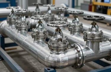 Industrial photography of high-quality metallic piping and valves used in construction, neatly arranged in a silver warehouse environment, professional lighting highlighting the texture of the materials.