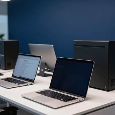 Modern laptop and desktop computers arranged in a sleek corporate showroom, navy blue background.