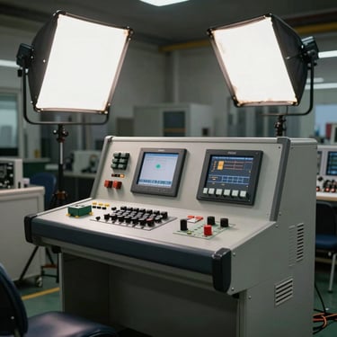 Interior shot of an industrial electronics control unit with professional lighting.