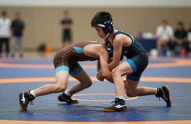 Two youth wrestlers in protective gear practicing a takedown on a professional mat. Focus on movement and energy. Colors include #755941 and #1A1A1A.