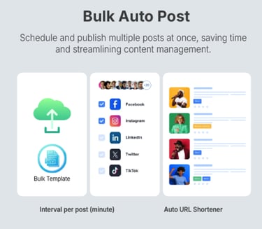 Bulk auto post tool dashboard showing social media scheduling for Facebook, Instagram, and LinkedIn.
