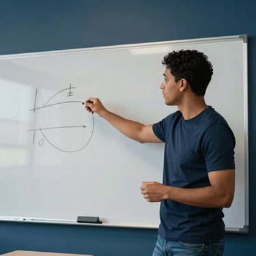 A trainer explaining a technical concept on a whiteboard in a South American / Brazilian school, clean and modern interior, professional lighting, using dark blue and gray-blue palette.