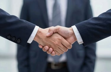 Sleek icon of shaking hands or a bridge, representing trust and connection, corporate aesthetic using brand palette.