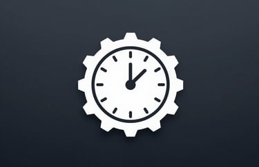 Minimalist icon of a clock and gears, professional and corporate style, incorporating #F5F7F8 on dark background.