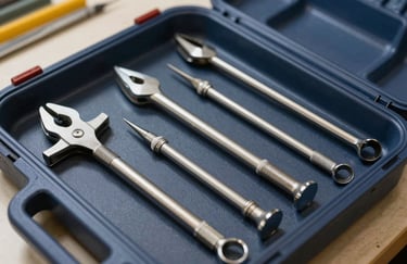 A close-up shot of professional glass repair tools organized neatly inside a dark blue case, sharp focus, clean bright lighting, North American workshop setting.