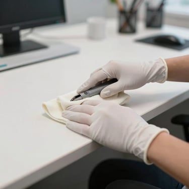 A close-up shot of hands in professional white gloves cleaning a modern desk in an Italian office building. The style is clean and minimal, with a soft lighting focus on professional tools.