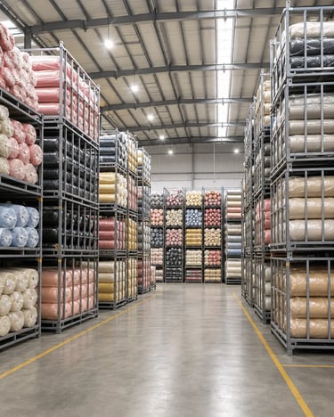 Industrial warehouse storage racks filled with colorful textile fabric rolls in a textile manufacturing facility.
