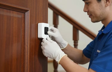 A professional technician wearing clean white gloves carefully installing a motion sensor on a luxury wood staircase, reflecting the friendly and professional brand tone.