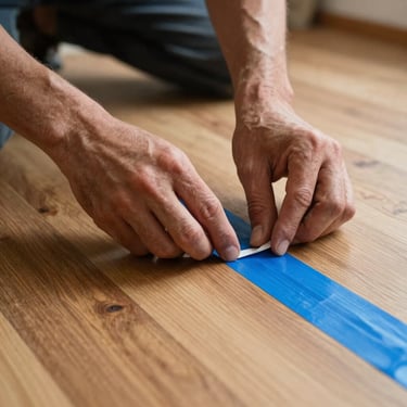 Close-up photography of a painter's hands carefully applying protective blue tape along the edges of a wooden floor in a Turkish home before starting the work.