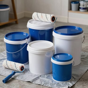 Clean photography of high quality blue and white paint buckets and professional rollers set on a protective grey cloth in a Turkish interior setting.