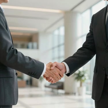 Two professionals in business attire shaking hands in a bright, modern lobby, North American / Global Business context, professional and optimistic mood.