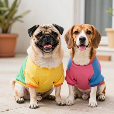 Dos perros con camisetas coloridas posan juntos mirando a la cámara.