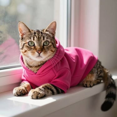 Gatito con sueter de capucha color rosado, tomando sol en una ventana