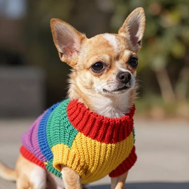 pequeño chihuaha con un suéter tejido de colores brillantes posa al aire libre