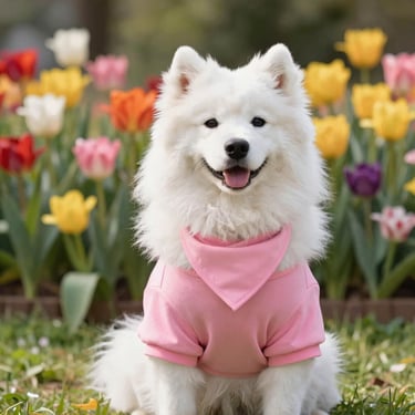 Un perro blanco y esponjoso, vestido con una camiseta y un pañuelo rosa, posa frente a un colorido jardín de tulipanes rosa