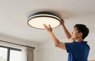 A technician installing a sleek, modern light fixture in a North American / US living room with clean lighting and crisp focus.