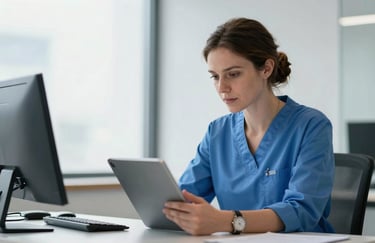 A professional European / British healthcare consultant in a bright office reviewing nursing credentials on a tablet, focused and efficient, professional blue business attire.