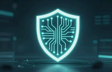 A sleek digital shield icon with a circuitry pattern inside, glowing with #3A8D9B light, symbolizing advanced cybersecurity and protection.