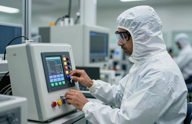 A specialized technician wearing a full cleanroom suit operating a digital control panel in a high-tech South Asian / Indian manufacturing facility.