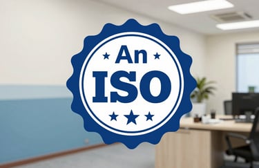 An ISO certification seal displayed professionally on an ocean blue and soft off-white background in a clean South Asian / Indian corporate office setting.