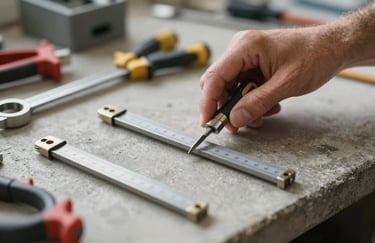 Detailed view of precision measuring tools on a concrete surface at a site managed by Andrew Horan. The style is realistic and human-centric, focusing on technical craftsmanship and efficiency.