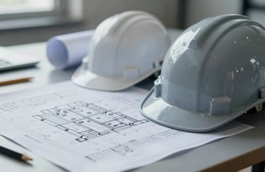 A close-up of high-quality industrial safety gear and blueprints on a site table, symbolizing the meticulous planning of Andrew Horan. Muted #4C6A7F and #9FB8C6 tones dominate the professional, grounded aesthetic.