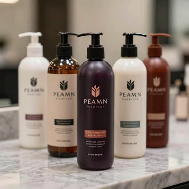 Symmetrical shot of premium hair care product bottles arranged on a light gray marble surface with soft, luxurious lighting in a South Asian salon.