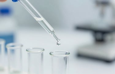 A precise, macro photograph of a laboratory pipette dispensing a drop of clear liquid into a microcentrifuge tube. The background is a crisp white lab setting, conveying pharmaceutical precision and professional standards.