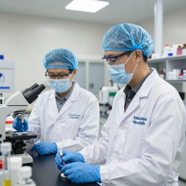 A portrait of two professional scientists in lab coats and safety glasses reviewing data on a tablet in a bright, modern laboratory. The composition is clean and authoritative, set in a North American research center.