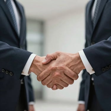 Close-up of a professional handshake between two business partners in formal Central European attire, representing a successful contract signing.