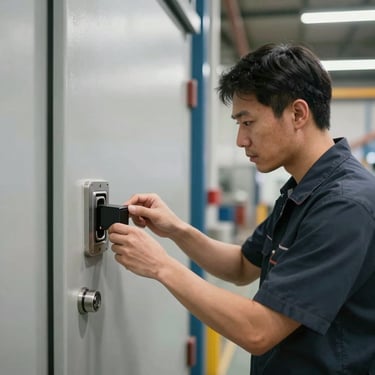 A professional technician in a clean uniform inspecting a high-security lock on a warehouse door in a well-lit North American industrial setting.