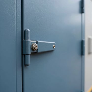 A clean, high-detail shot of a heavy-duty industrial door closer and security hinges on a slate blue door in a US commercial building corridor.