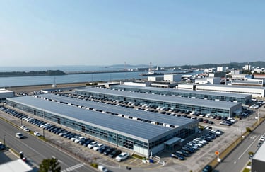 An aerial view of a massive automotive storage facility near a Japanese port. Hundreds of orderly rows of cars are visible. The palette includes #405D7C sky reflecting on glass surfaces.