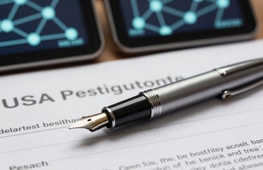 Close-up of a high-end fountain pen resting on an investigative report in a US setting, with blurred digital displays in the background showing complex network nodes.