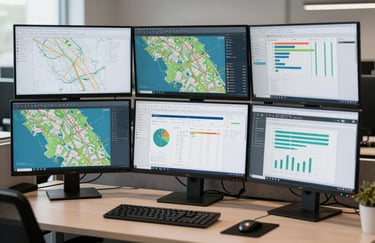 A professional desk in a North American office with multiple high-resolution monitors displaying investigative mapping software and data charts, clean and authoritative composition.