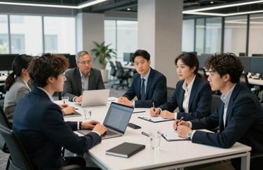 A collaborative team in a North American tech hub brainstorming around a white table, with deep navy and light gray modern office decor and natural lighting.