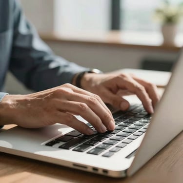 A close-up of professional hands typing on a modern laptop in a bright, sunny South American office, focusing on efficiency and technology.