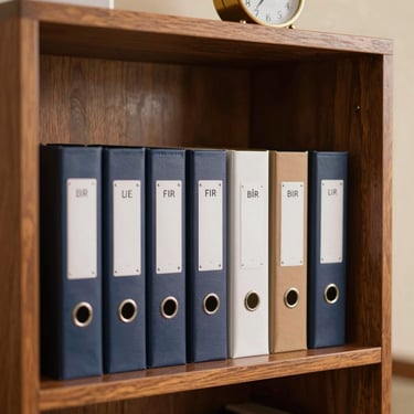 A organized mahogany office shelf in Brazil holding professional folders and a clock, symbolizing order and time management, in warm amber lighting.