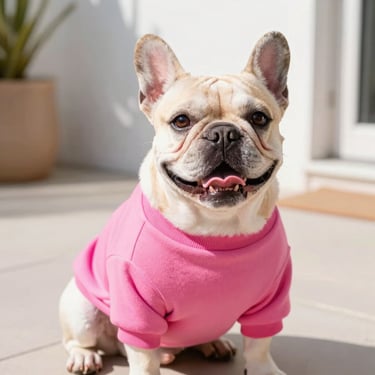 Perro bulldog sentado con sueter rosa atrás se observa un patio y una maceta, fondo desenfocado
