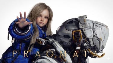 Official Pragmata game art featuring a young girl in a blue space suit next to a robotic astronaut.