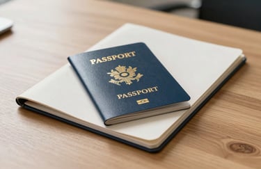 A passport and an official professional folder resting on a clean wooden desk in a bright International / Australasian office setting. Professional, trustworthy aesthetic with Frosted Off-White tones.