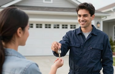 A friendly North American / US technician handing a set of keys back to a satisfied customer in a residential driveway. Reassuring and professional mood with midnight navy and soft arctic white highlights.
