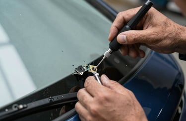 A macro shot of a certified technician's hands using professional tools to repair a chip in a windshield. The lighting is focused and clear, set in a North American / US garage with pale mist grey and midnight navy tones.