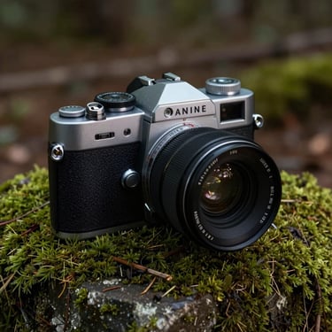 A professional close-up of a high-end rangefinder sitting on a mossy stone in a North American forest, earthy brown and dark green tones. No people.