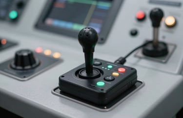 A close-up of a high-tech control panel with a joystick transmitter used for operating remote foam monitors, illuminated with technical indicator lights.