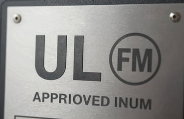 Close-up of official UL and FM approval certifications embossed on a professional industrial metal plaque, representing safety standards and engineering excellence.